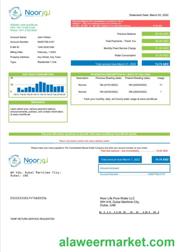 UAE Noor Life Pure Water LLC utility bill template in Word and PDF format